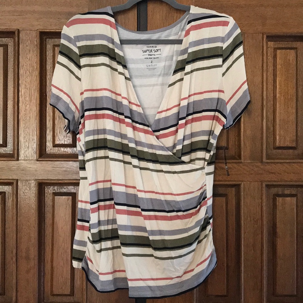 Torrid Cream Multi-Stripe Wrap-Front Top